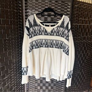 Free People Aztec Knit Thermal Pullover Top, Black/Cream, Size Medium